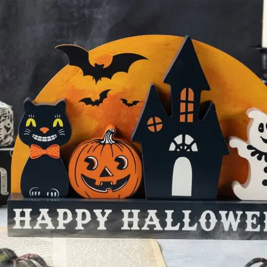 Glitzhome&reg; 12"L HAPPY HALLLOWEEN Wooden Table Block Set {7}