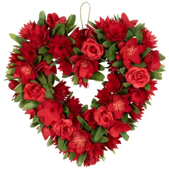 15" Red Mixed Floral Artificial Valentine's Day Heart Wreath {1}