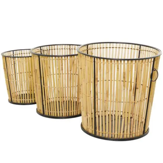 Light Brown Rattan Handmade Slatted Frame Storage Basket with Ring Handles Set of 3 20", 18", 15" {3}