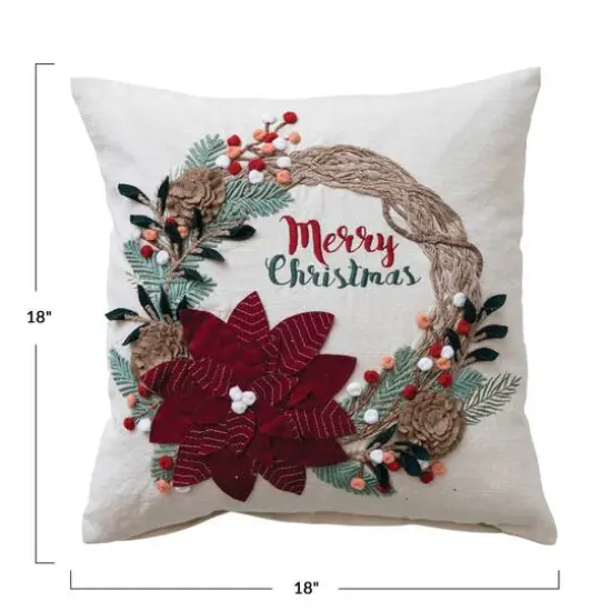 Hello Honey&reg; 18" Merry Christmas Embroidered Applique Wreath Cotton Pillow {5}