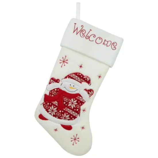 16" Red & White Welcome Snowman Embroidered Christmas Stocking {6}