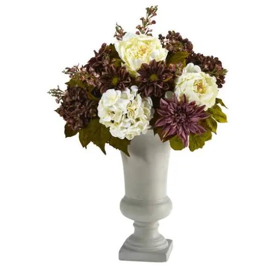 27" Peony, Hydrangea & Dahlia Arrangement in Sand Colored Urn {1}