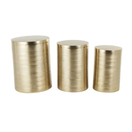 Gold Metal Metallic Ribbed Drum Accent Table Set {7}