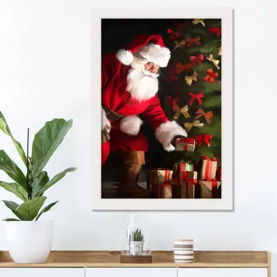 Santa Delivering Christmas Gifts White Framed Wall Art {3}
