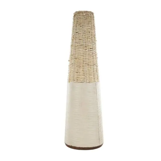 Light Brown Rattan Handmade Woven Vase with Beige Metal Base {9}