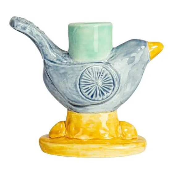 Hello Honey&reg; 6" Yellow & Blue Chirpy Elegance Stoneware Taper Candle Holder {9}
