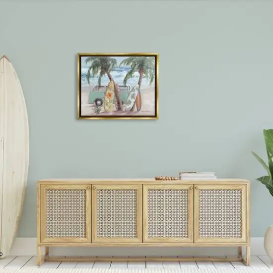 Stupell Industries Summer Waves Tropical Van Surfboards Floater Framed Art Gold {3}
