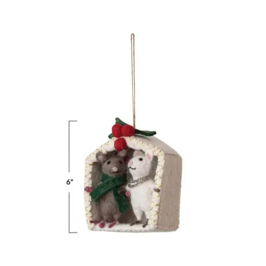 Hello Honey&reg; 6" Handmade Wool Felt Mice Under the Mistletoe Ornament with Embroidery & Beads {3}