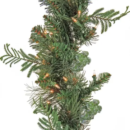First Traditions&trade; Collection 9ft. Pre-Lit Artificial North Conway Garland with Glittery Cones & Eucalyptus, 100 Clear Lights {4}