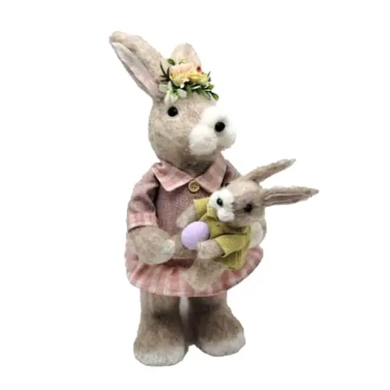 14.5" Brown & Rose Pink Mother Rabbit with Baby Bunny Easter Figure {1}