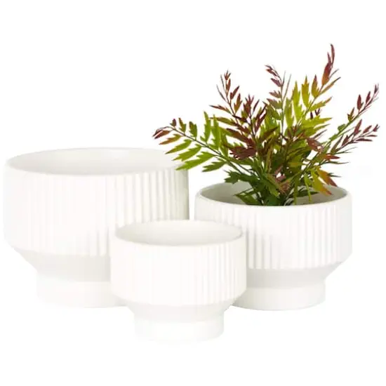 Linear Grooves Wide Ceramic Planter Set White {1}