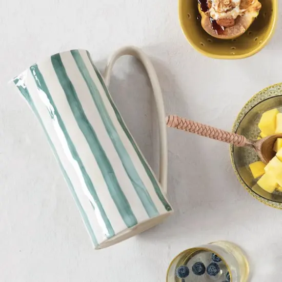 Hello Honey® 42oz. Hand-Painted White & Blue Striped Stoneware Pitcher {4}