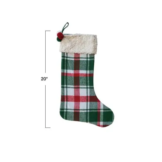 Hello Honey&reg; 20" Red, Green & White Plaid Brushed Cotton Flannel Stocking with Sherpa Cuff & Pom Poms {4}