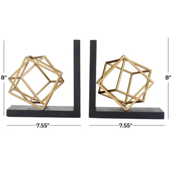 8" Gold Stainless Steel Overlapping Cube Geometric Bookends with Black Bases Set {6}