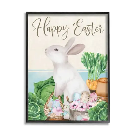 Stupell Industries Happy Easter Bunny Rabbit Greens Eggs Basket Framed Giclee Art Black {1}
