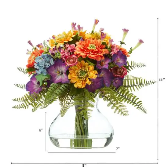 11" Mixed Flowers Artificial Arrangement in Glass Vase {3}