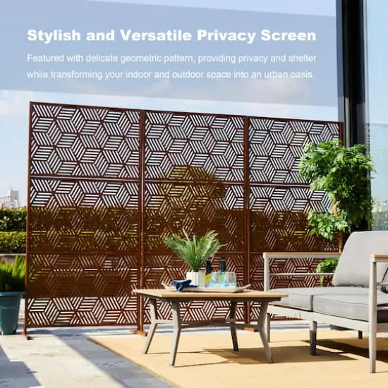 Glitzhome&reg; 6ft. Brown Galvanized Steel Geometric Pattern Privacy Screen Fence Panel & Room Divider {3}