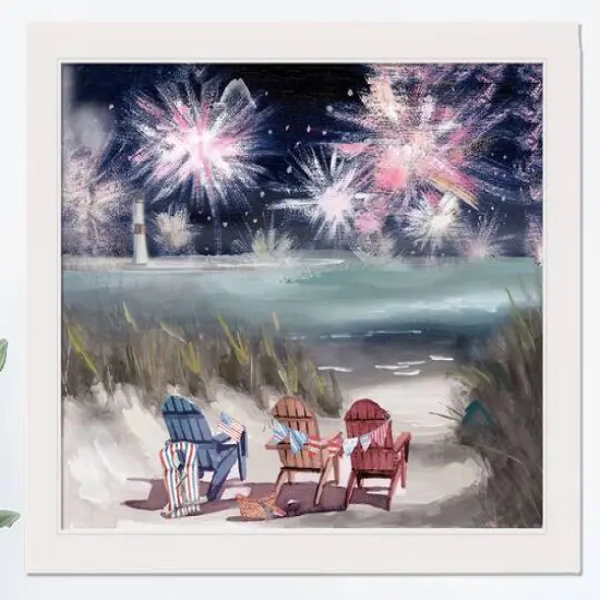 Beach Fireworks White Framed Print Under Plexiglass {1}