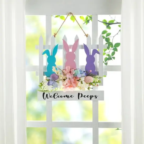 Glitzhome&reg; 14" Easter Wooden Bunny Fence Door Hanger {3}
