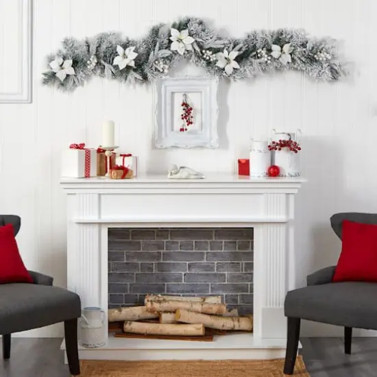 6ft. Pre-Lit LED Flocked Poinsettia & Berry Christmas Garland {8}