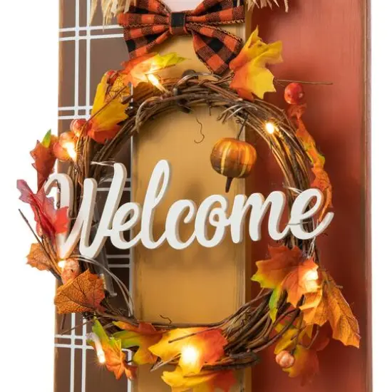 Glitzhome&reg; 36.25" Wooden Scarecrow Family Porch D&eacute;cor with Lighted Wreath & Timer {6}