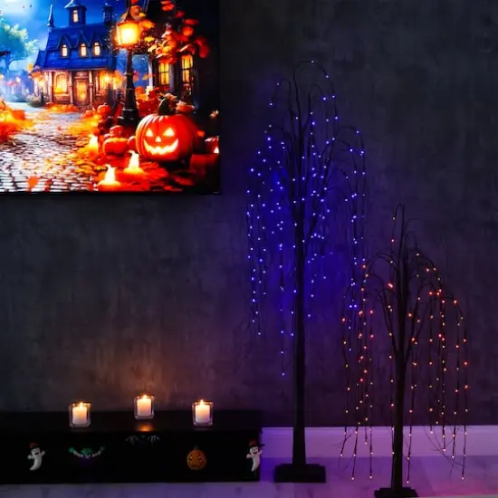 6ft. Orange & Purple LED Pre-Lit Halloween Black Willow Artificial Fall Tree {3}