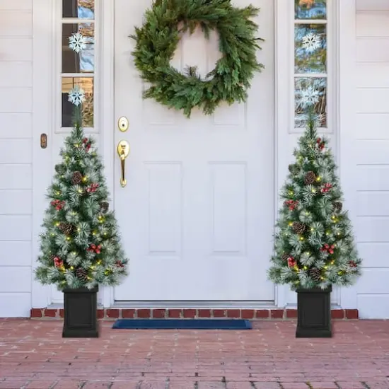 2 Pack 4ft. Pre-Lit Pine Artificial Christmas Porch Tree, Warm White LED Lights {3}