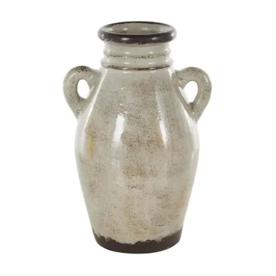 13.75" Cream Ceramic Antique Amphora Vase with Speckled Texturing {7}