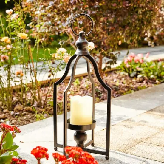 16.5" Modern Farmhouse Black Metal Candle Lantern {6}