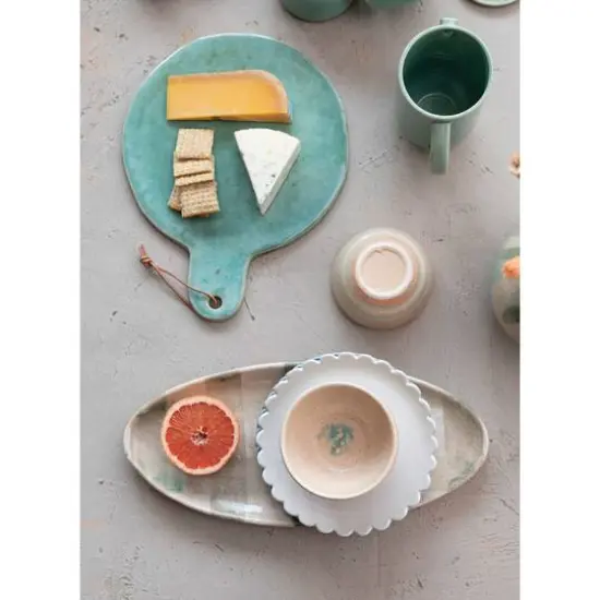 Hello Honey&reg; 13.75" Aqua Round Stoneware Cheese Board with Leather Tie {7}