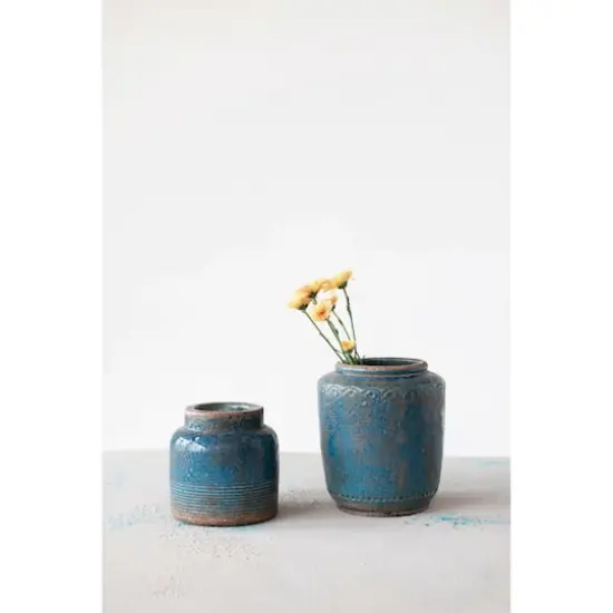 Hello Honey&reg; 9" Distressed Blue Debossed Terracotta Vase {7}