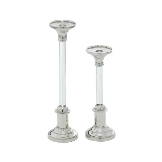 Set of 2 Silver Aluminum Glam Candle Holder, 12", 16" {6}