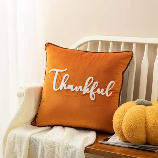 Glitzhome&reg; Orange Velvet Thankful Pillow Cover {11}