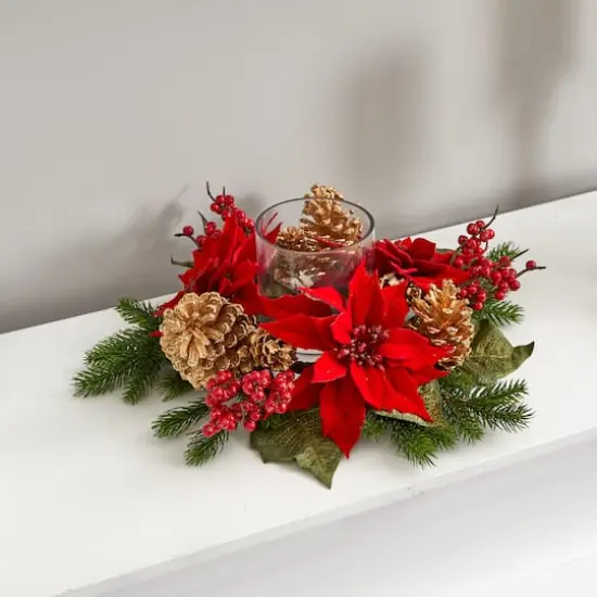14" Poinsettia, Berry & Golden Pinecone Candelabrum Artificial Arrangement {5}