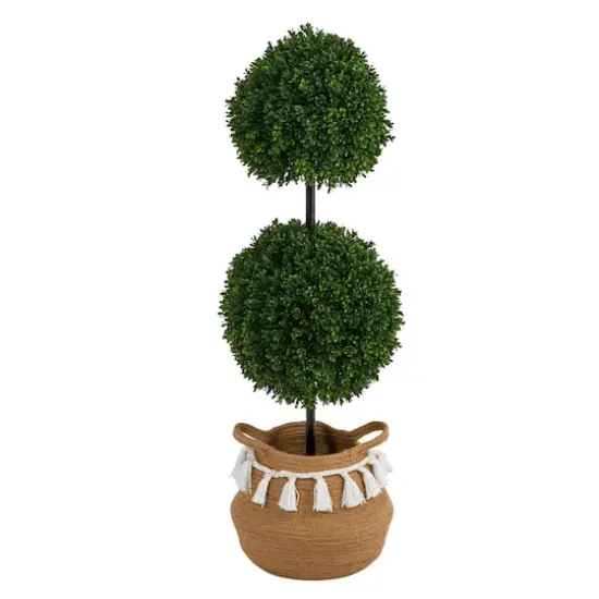 3.5ft. Boxwood Double Ball Artificial Topiary Tree in Boho Chic Handmade Natural Cotton Woven Planter with Tassels UV Resistant (Indoor/Outdoor) {1}