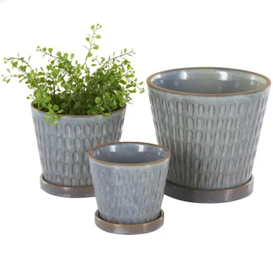 Blue Geometric Oval Patterned Ceramic Planter Set {1}