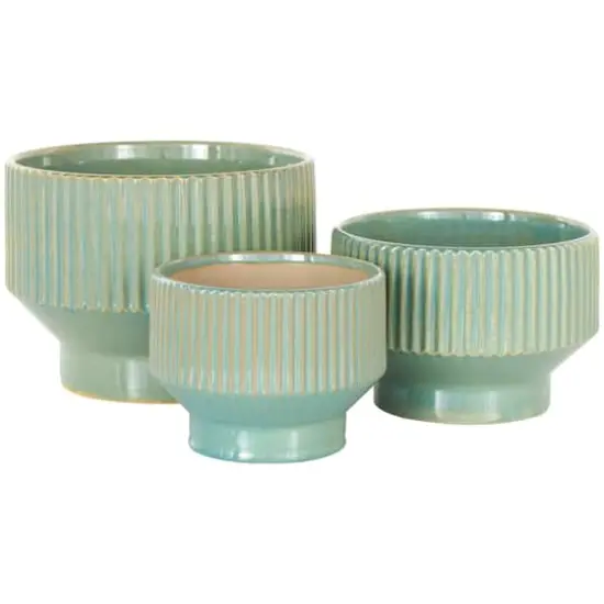 Linear Grooves Wide Ceramic Planter Set Green {6}