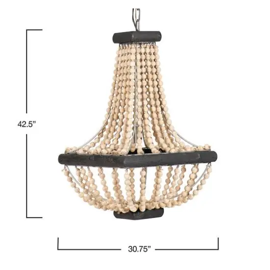 Wood & Metal Framed Chandelier with Wood Bead Draping Tan/Black {8}