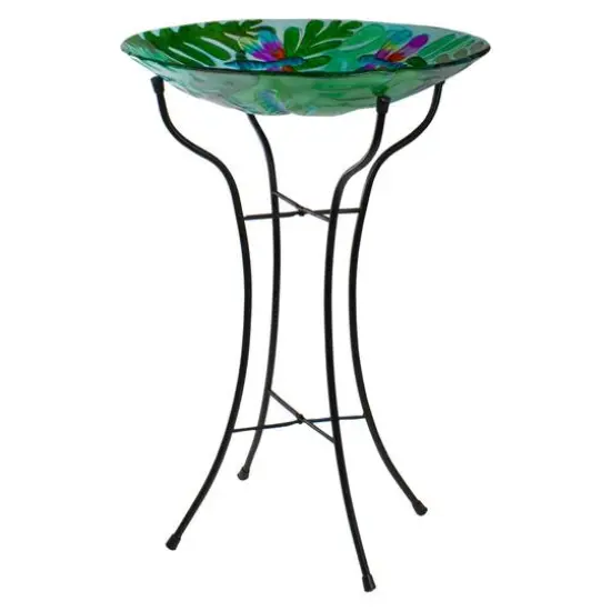 18'' Colorful Dragonfly with Green Leaves Hand Painted Glass Birdbath {4}