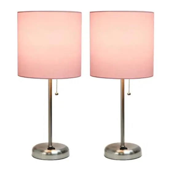 LimeLights 19.5" Brushed Steel Base Lamps with Charging Outlets, 2ct. Light Pink {3}