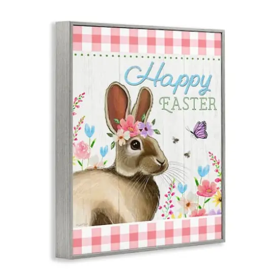 Stupell Industries Happy Easter Floral Gingham Rabbit Framed Giclee Art Gray {4}
