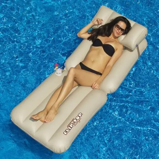 88" Inflatable Beige Adjustable Flip-Top Swimming Pool Lounger Raft {7}