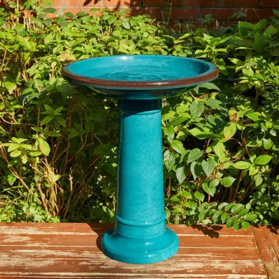Glitzhome&reg; 21.5" Faux Ceramic Tall Pedestal Birdbath Turquoise {7}