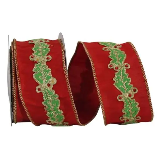 Reliant 2.5" x 5yd. Holly Leaf Jewel Embroidered Dupioni Wired Ribbon {1}