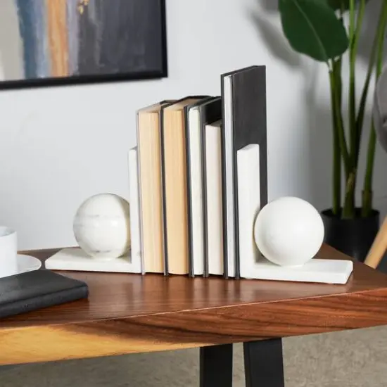 7" White Marble Sleek Orb Geometric Bookends with L-Shaped Bases Set {3}