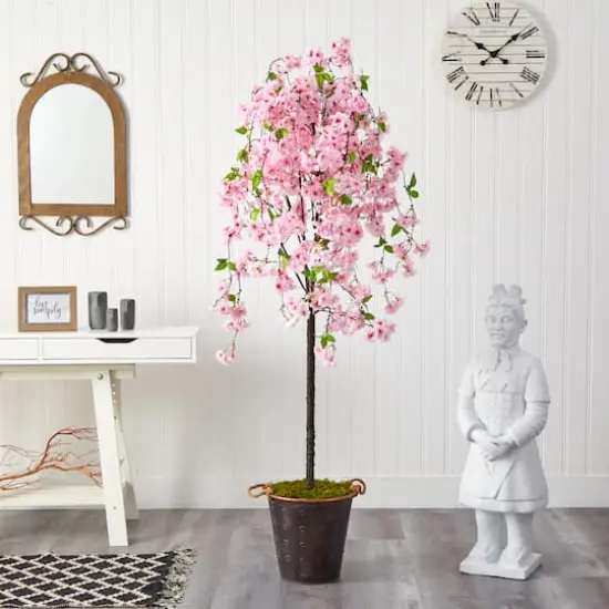 6ft. Cherry Blossom Artificial Tree in Decorative Metal Pail with Rope {4}