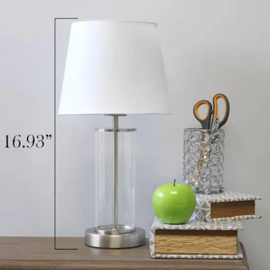 Simple Designs 17" Encased Metal & Clear Glass Table Lamp White/Brushed Nickel {5}