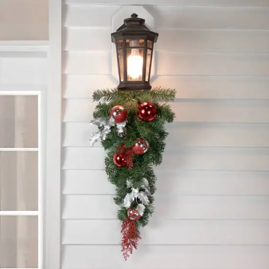 24" Unlit Red & Silver Holly Ball & Pine Cone Teardrop Swag {5}