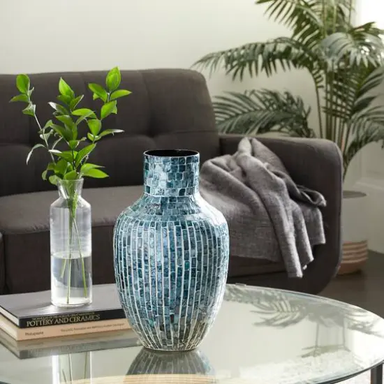 16" Blue Mother of Pearl Coastal Vase {7}