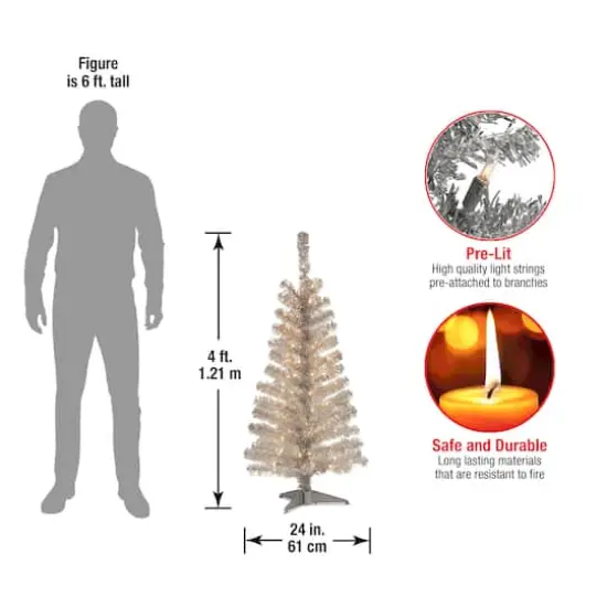 4ft. Pre-Lit Silver Tinsel Artificial Christmas Tree, Clear Lights {6}